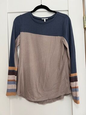Maurices Two-Tone Long Sleeve Top in Taupe and Navy with Striped Cuffs